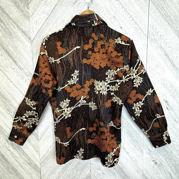 Vintage 70's Disco Shirt Mens Medium Brown Floral Polyester Retro Club Hipster - Picture 3 of 3